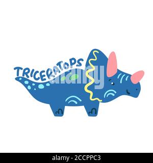 Cartoon Dinosaurier Triceratops. Nette Dino Charakter isoliert. Verspielte Dinosaurier Vektor-Illustration auf weißem Hintergrund. Handgezeichnete Triceratops-Schriftzüge. Stock Vektor