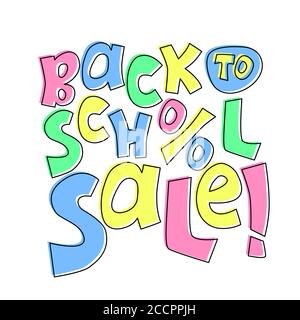 Zurück zu Schulverkauf Inschrift, bunte Vektor-Schriftzug auf weißem Hintergrund. Typografisches Label für Herbst Sale. Kinder Buchladen oder Kinder Waren o Stock Vektor