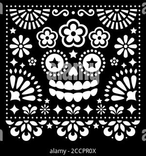Mexikanische Volkskunst Vektor Volkskunst Design mit Zucker Schädel und Blumen, Halloween und Tag der Toten weiß Muster auf schwarzem Hintergrund - Grußkarte Stock Vektor