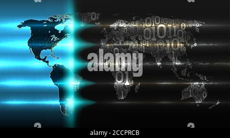 Binäre Code-Weltkarte mit einem Hintergrund abstrakter Hardware. Digitale globale Technologien übernehmen die Welt. Konzept der digitalen Technologie, Cloud se Stock Vektor