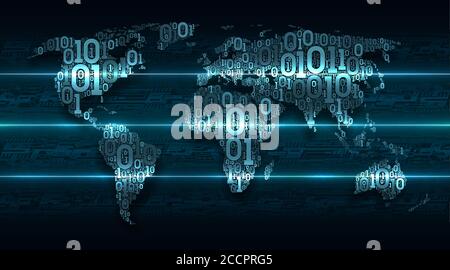 Abstrakte Kartenwelt mit Kontinenten aus digitalem Binärcode auf dem Hintergrund abstrakte Leiterplatte, Konzept der Netzwerktechnologien, groß Stock Vektor