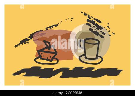 Kreative minimalistische Hand gemalt abstrakt künstlerischen Hintergrund Lebensmittel, Dessert. Doodle Tasse Tee, Kaffee mit Kuchen Malerei Tinte Pinsel Textur Form, lin Stock Vektor