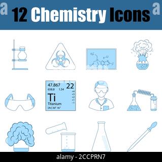 Chemie-Symbolsatz. Dünne Linie Mit Blauem Fill-Design. Vektorgrafik. Stock Vektor