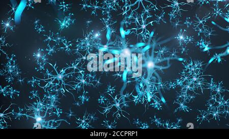 Konzeptionelle Illustration von Neuronenzellen senden eine elektrische Ladung für die Übertragung von Informationen. Hirnforschung. Vernetzte Neuronen. Neuronen dazwischen Stockfoto