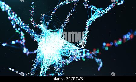 Abstrakte neurale Zellen. AI Neuron. Künstliche neuronale Netzwerk-Technologie Wissenschaft. Synapsen und neuronale Zellen senden elektrische Signale. Cloud-Computing Stockfoto
