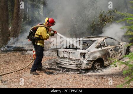 Boulder Creek, Kalifornien, USA. August 2020. Boulder Creek's alle Volunteer Fire Crews kämpfen gegen den CZU Lightning Complex Fire: Boulder Creek Gegend, in der Nähe von Santa Cruz. Quelle: Amy Katz/ZUMA Wire/Alamy Live News Stockfoto