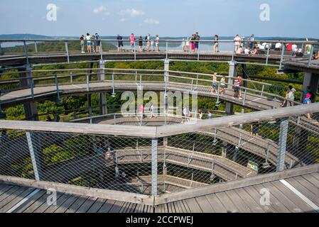 Prora, Deutschland. August 2020. Zahlreiche Touristen laufen den 40 Meter hohen Aussichtsturm hinauf. Der Turm wurde um eine Kupferbuche gebaut. Sie hat die Form eines Adlerhorstes und befindet sich im Naturdenkmal-Zentrum in einem Buchenwald auf der Insel Rügen. Der Baumkronenweg ist insgesamt 1250 Meter lang. Quelle: Stephan Schulz/dpa-Zentralbild/ZB/dpa/Alamy Live News Stockfoto