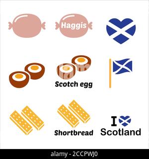 Schottisches Essen - Haggis, Scotch Egg, Shortbread Icons Set. Traditionelle Gerichte aus Schottland Stock Vektor