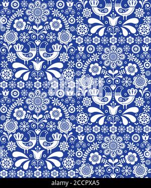 Skandinavische nahtlose Folk Art Vektor-Muster, florale repetitive Hintergrund mit Vögeln und Blumen in weiß auf marineblau Stock Vektor