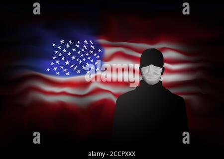COVID-19 Coronavirus-Epidemie in den usa. Silhouette des Menschen in medizinischer Maske auf abstrakten usa Flagge Hintergrund. Global COVID-19 Coronavirus Pandemie, pneumon Stock Vektor