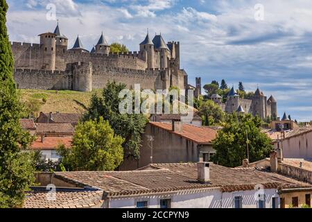 Blick auf das berühmte alte Schloss von Carcassonne in Frankreich. Stockfoto