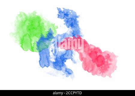 Aquarellflecken auf weißem Hintergrund, abstrakte Flecken isoliert. Leuchtend grün, blau, rote Farben, Scheidungen. Stockfoto