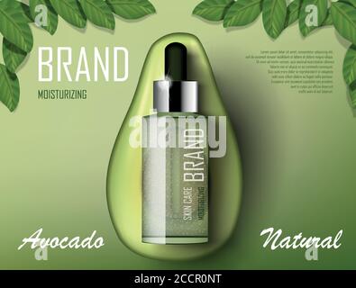 Avocado Kosmetik Öl Vorlage Anzeige. Bio-Produkt Flasche Mockup Werbung Poster Vorlage. Realistisches Essence Produkt mit grüner Avocado und Baum Stock Vektor