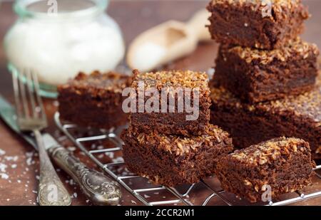 Frisch gebackene hausgemachte vegane Brownie mit gemahlener Kokosnuss und Schokolade Scheiben in quadratischen Portionen geschnitten. Köstliches amerikanisches Dessert. Selektiver Fokus Stockfoto