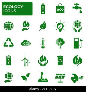 Symbole für Ökologie festgelegt. Umweltschutz. Alternative erneuerbare Energien. Globale Erwärmung. Dekarbonation. Umweltfreundliche flache lineare Schilderkollektion. Vect Stock Vektor