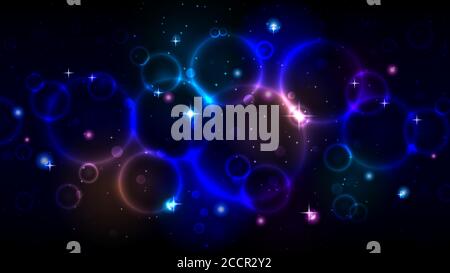 Helle Kreise in der dunklen Nacht Sternenhimmel, abstrakt mehrfarbigen Hintergrund mit Kreisen, funkelt Bokeh und Sterne Stock Vektor