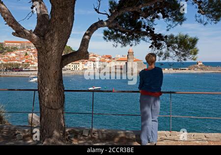 Ein Tourist genießt Aussicht auf den Hafen von Collioure in Der Süden Frankreichs Stockfoto