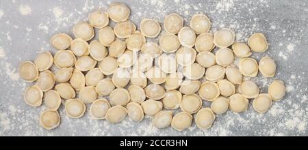 Frisch roh hausgemachte Pelmeni (Knödel) mit Hackfleisch oder Fisch. Home Food-Konzept. Selektiver Fokus, Draufsicht, langes Bild, Banner Stockfoto
