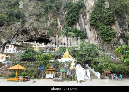 Tempel in einer Höhle, Stalaktiten. Goldene Stupas, Buddha-Statuen. Affen, die in der Umgebung leben, stehlen Nahrung von Touristen. Hpa An, Myanmar Stockfoto