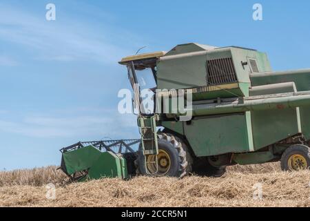 John Deere Mähdrescher Schneiden Weizenernte in der Sommersonne. Vorderer Schneidwerkkopf, Zinkenrolle und Seitenrohr sichtbar. Für 2020 UK Weizenfeld Ernte. Stockfoto