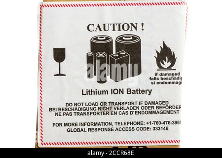 Achtung Lithium-IONEN-Batterie nicht laden oder transportieren, wenn Beschädigter Aufkleber auf dem Paket Stockfoto