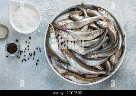 Roch. Frischer roher kleiner Fisch in einer weißen Schale auf grauem Betongrund. Gewürze-grobes Meersalz und schwarzer Pfeffer. Selektiver Fokus, Draufsicht Stockfoto