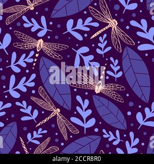 Dragonfly nahtloses Muster mit Pflanzen. Naturdruck auf violettem Hintergrund. Vektorgrafik. Stock Vektor
