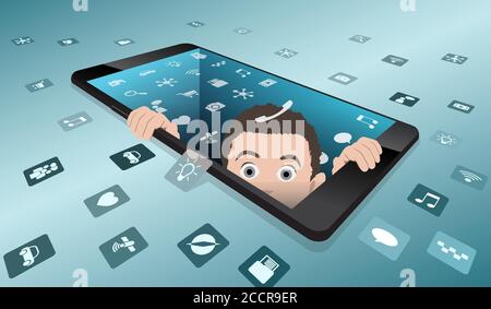 Ein verängstigter Mann schaut aus dem Smartphone. Die Rückkehr zur Realität aus der virtuellen Realität. Minimalistisches Smartphone mit dem Bildschirm, verschwinden in der dep Stock Vektor