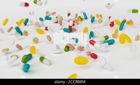 Viele verschiedene farbige Tabletten, Kapseln isolieren auf weißem Hintergrund. Gesundheitskonzept. Antibiotika in Pillen, Vitamine. Waren aus der Apotheke Stockfoto