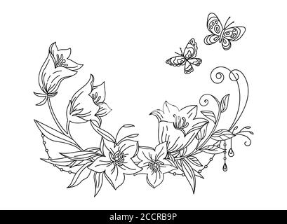 Blumen botanischen Hand gezeichnet Linie Kunst Glocke Blumen und Schmetterling Komposition. Vektor monochrome Blumenvorlage Illustration für Hochzeit Einladung, veg Stock Vektor