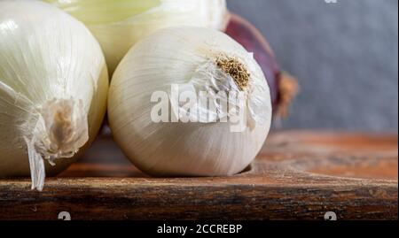 Zwiebeln (Allium cepa). Knollen als Gewürz verwendet. Kulinarische Zutaten. Würze für die Zubereitung von Speisen. Frisches Gemüse. Stockfoto