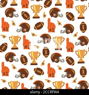 American Football Nahtloses Vektor-Muster. Hintergrund für Sportgeräte. Fußballhelm, Schaumfinger, Trophäe, Pfeife. Verwenden Sie für Stoff, Tapete Stock Vektor