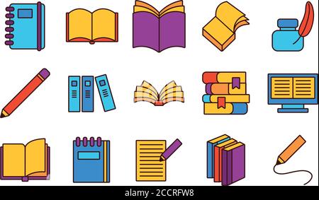 Bündel von fünfzehn Büchern Literatur Satz Ikonen Vektor Illustration Design Stock Vektor