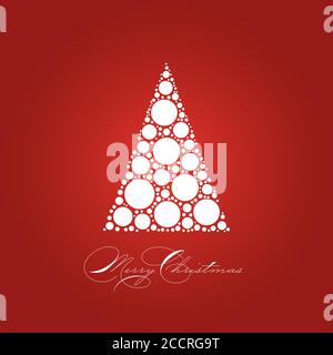 Weihnachtskarte Thema mit gepunkteten schneeweißen Weihnachtsbaum auf rotem Hintergrund und Label Merry Christmas. Einfache elegante und moderne Vectrior Illustration. Stock Vektor