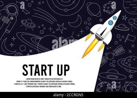 Raketenstart in den Himmel, Raum. Raumschiff. Weltraum, interstellare Reisen, Universum. Geschäftskonzept. Starten Sie die Vorlage. Umriss, Linie, Doodle Stock Vektor
