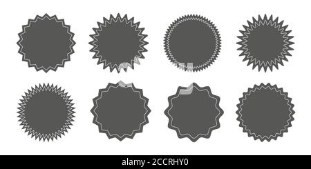 Satz von Vektor-Starburst-Abzeichen mit Sonneneinbruch. Schwarze Symbole auf weißem Hintergrund. Einfache, flache Vintage-Etiketten, Aufkleber. Stock Vektor