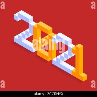 2021 Neujahr isometrische Vektor Illustration Kunst auf rotem Hintergrund. Minimal 2021 Vektor Feiertagsdekoration Elemente für Design, Postkarte, Grußkarte Stock Vektor