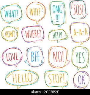 Satz von verschiedenen Sprechblase im Doodle-Stil mit Text nein, stop, ok, ja, Liebe, sos, was und andere innen. Vektorgrafik Stock Vektor