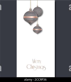 Eleganter weihnachtlicher Hintergrund mit grau rosa Kugeln mit goldenem Ornament auf weißem Hintergrund. Text-Frohe Weihnachten. Platz kopieren, Modell erstellen, für Text platzieren. 3D-Illustration Stockfoto