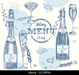 Set Flaschen Champagner, Wein, Weinglas, Cocktail Vintage handgezeichnete Skizze Design Bar, Restaurant, Café-Menü realistische Gravur Stil Kreativ Stock Vektor