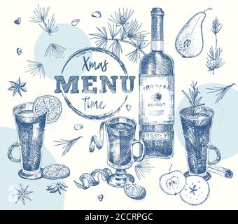 Set Flaschen Rot-oder Weißwein und weihnachten Gewürze Vintage handgezeichnete Skizze Design Bar, Restaurant, Café Menü realistische Gravur Stil Kreativ Stock Vektor