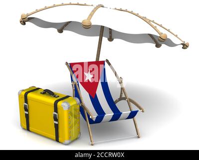 Urlaub in Kuba. Leere Sonnenliege mit einer Flagge Kubas, gelbem Koffer und einem Regenschirm auf einer weißen Oberfläche. 3D-Illustration Stockfoto