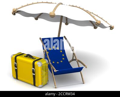 Erholung in der Europäischen Union. Leere Sonnenliege mit einer Flagge der Europäischen Union und einem Regenschirm auf einer weißen Oberfläche. 3D-Illustration Stockfoto