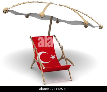 Urlaub in der Türkei. Leere Sonnenliege mit einer Flagge der Türkei und einem Regenschirm auf einer weißen Oberfläche. 3D-Illustration Stockfoto