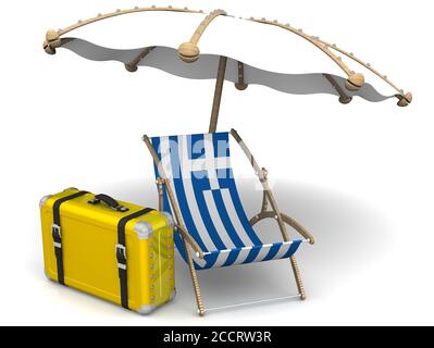 Urlaub in Griechenland. Leere Sonnenliege mit einer griechischen Flagge und einem Regenschirm auf einer weißen Oberfläche. 3D-Illustration Stockfoto