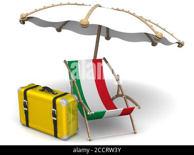 Urlaub in Italien. Leere Sonnenliege mit einer Flagge Italiens und einem Regenschirm auf einer weißen Oberfläche. 3D-Illustration Stockfoto