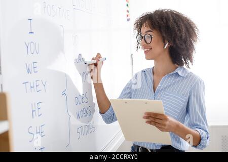 Moderne Online-Bildung zu Hause. afroamerikanische Mädchen in Brille schreibt mit Marker auf Tafel englische Regeln aus der Ferne Stockfoto