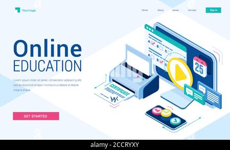 Online-Bildung isometrische Landing Page mit Studenten Ausrüstung für das Studium über das Internet. Computer-Software, Abschlusszertifikat, Prüfung Test, Fernvideo Ausbildung Technologie 3d Vektor Web-Banner Stock Vektor