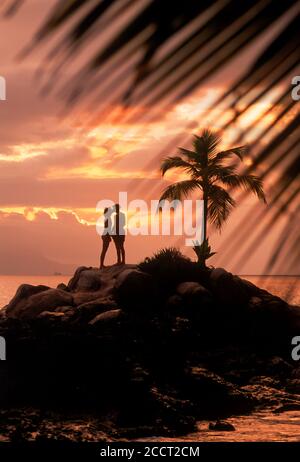 Pärchen auf einer winzigen Insel mit einsamen Palmen bei Sonnenuntergang Auf der Mahe Insel auf den Seychellen Stockfoto