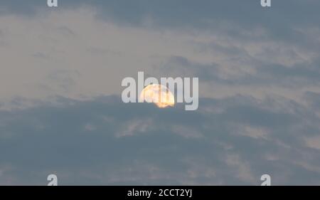 August orange Vollmond, der Sturgeon Mond genannt wird versteckt sich hinter blauen Wolken Hintergrund, Textur. August Luna, der Heidelbeer Mond leuchtet und illum Stockfoto